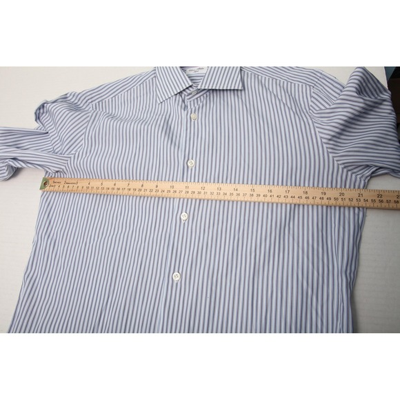 Cesare Attolini Shirt Mens 16 34 Blue Brown Stripe Button Front Dress Shirt - Picture 6 of 12